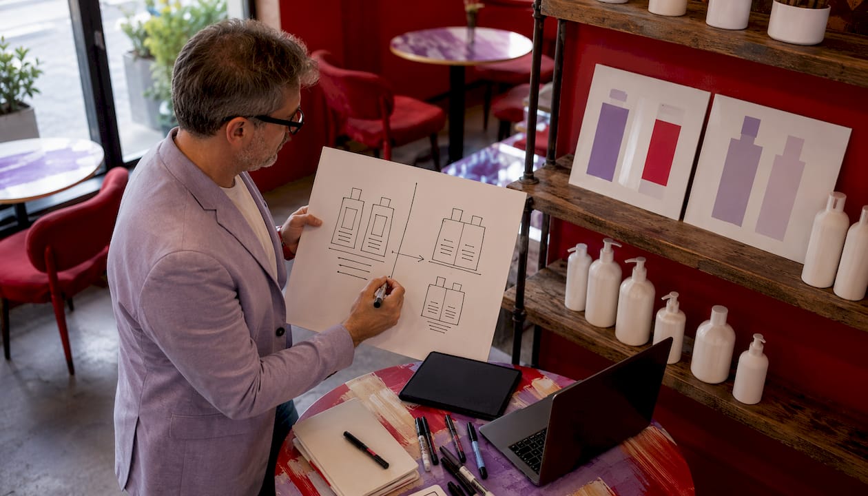 Consultant explaining bilingual cosmetic label layouts
