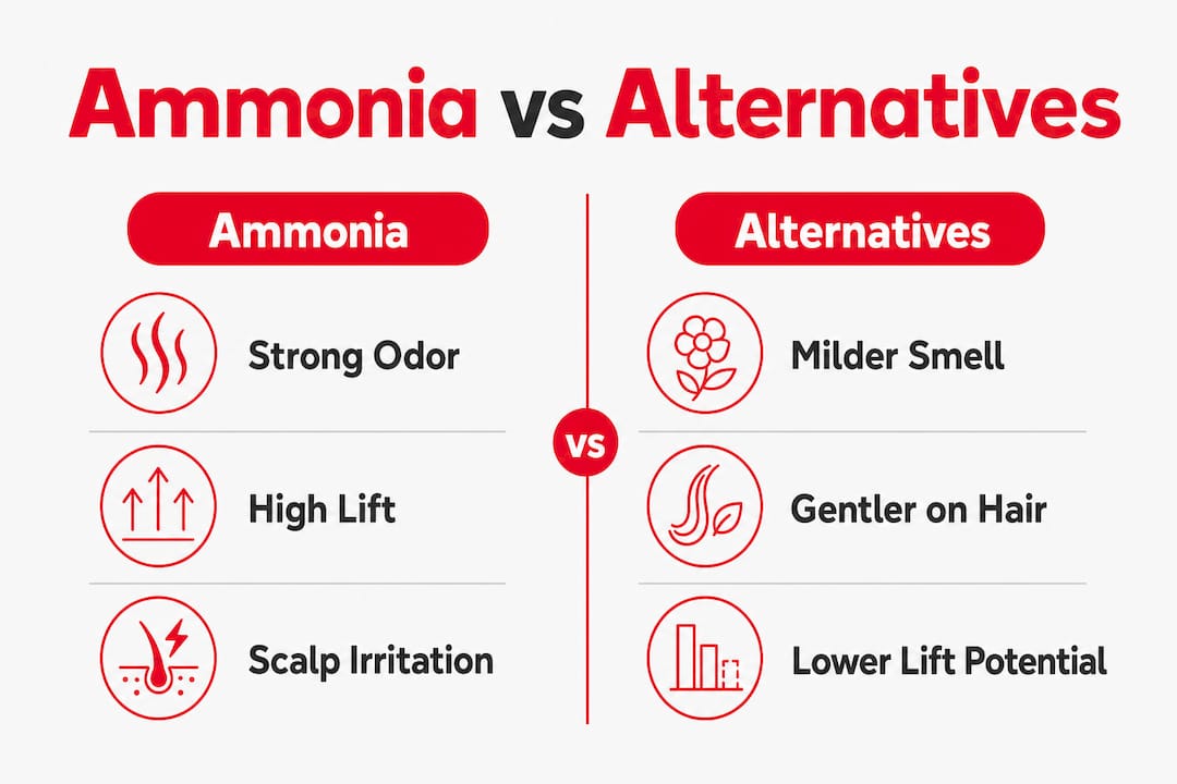 Infographic comparing ammonia and ammonia-free hair colour agents