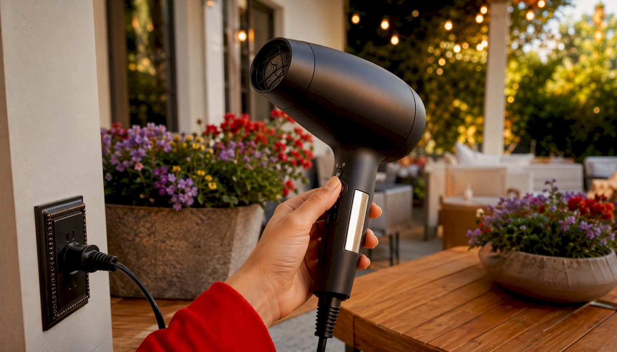 Hand holding Canadian-spec hair dryer near outlet