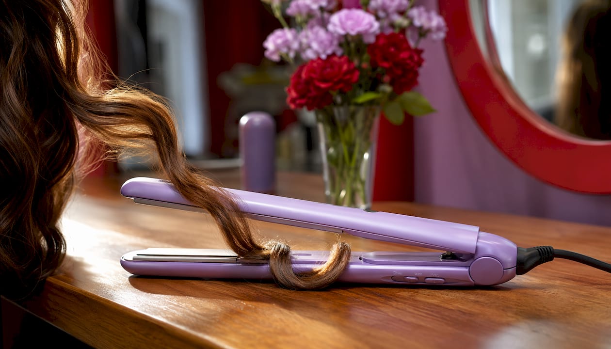 Close-up ceramic flat iron heating hair