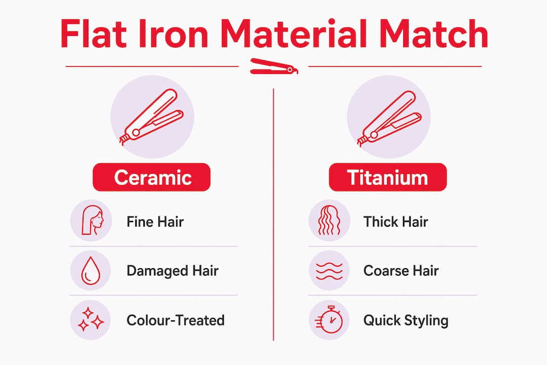 Infographic comparing ceramic and titanium flat iron suitability for hair types