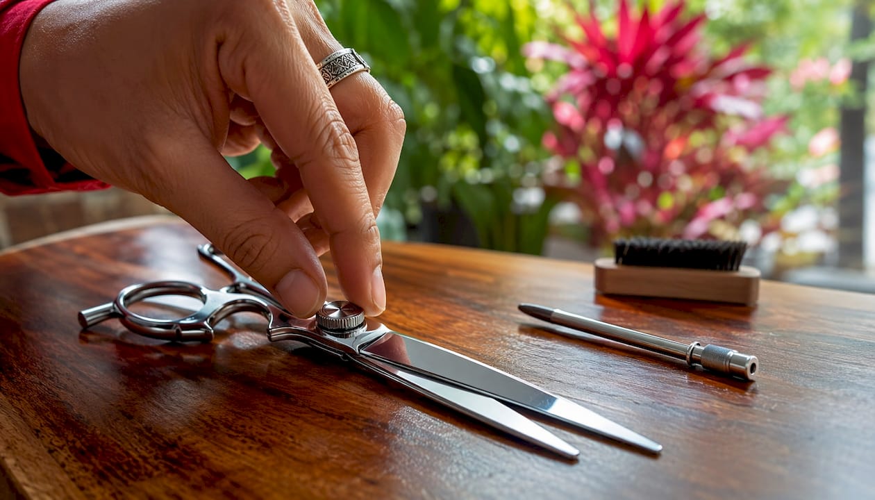 Close-up barber adjusting shear tension dial