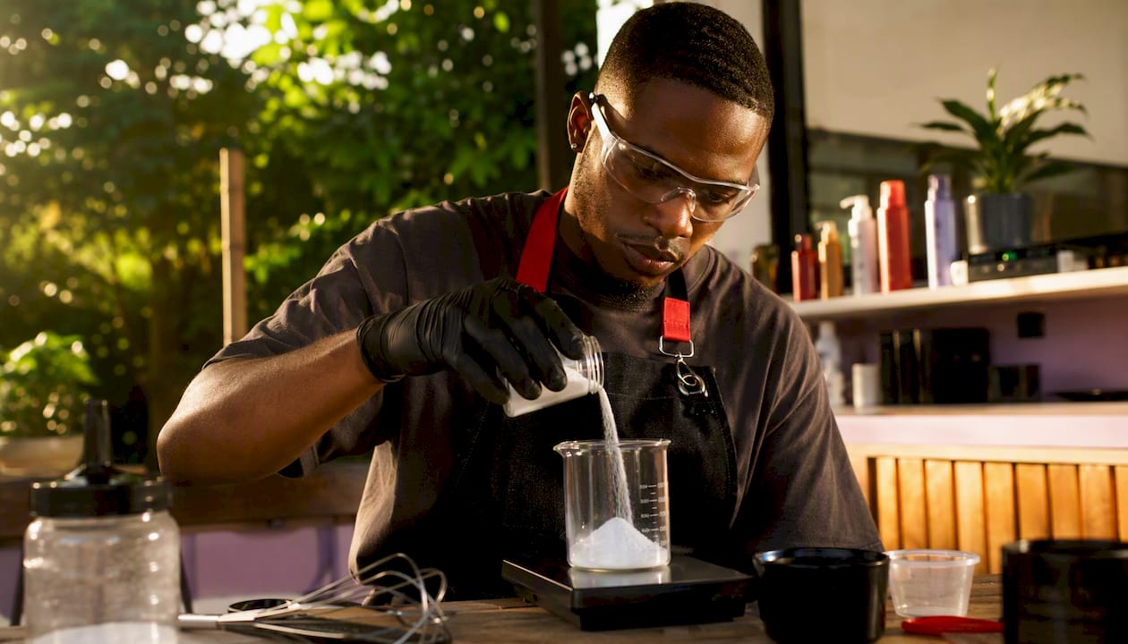 Chemist preparing bleaching powder formula in lab