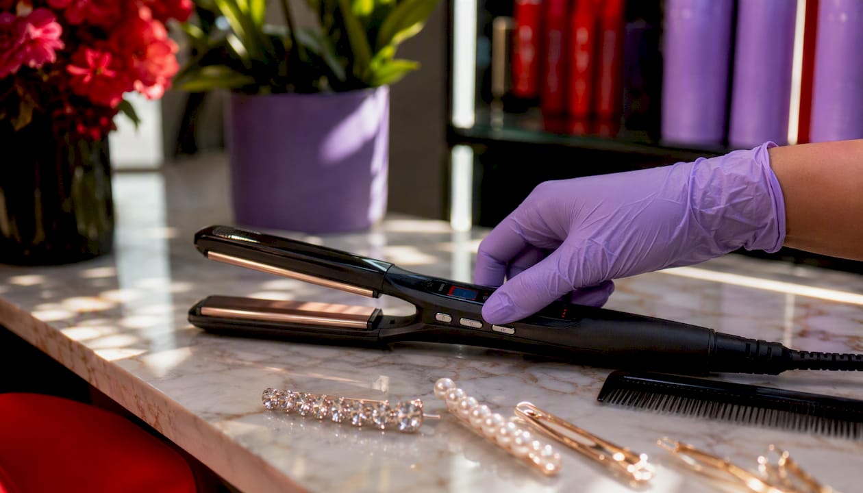 Stylist adjusting flat iron temperature in salon