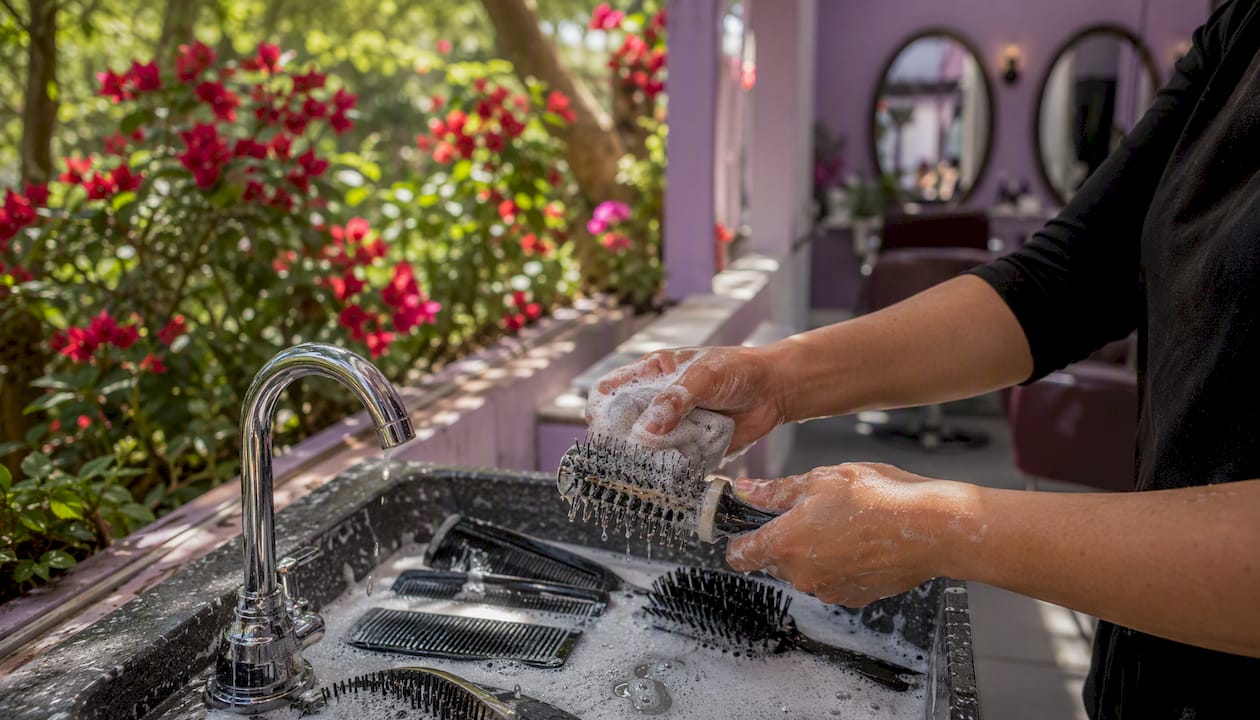 Hands cleaning salon combs and brushes