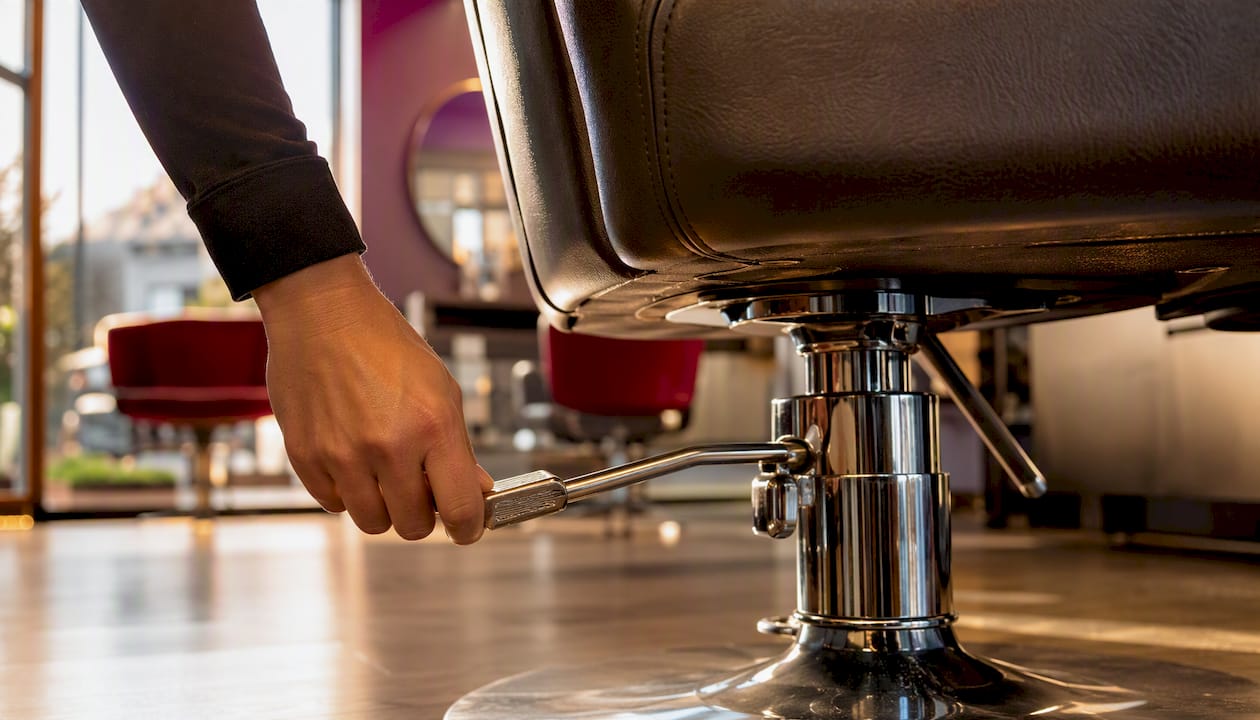 Hand pumping salon chair hydraulic lever close-up