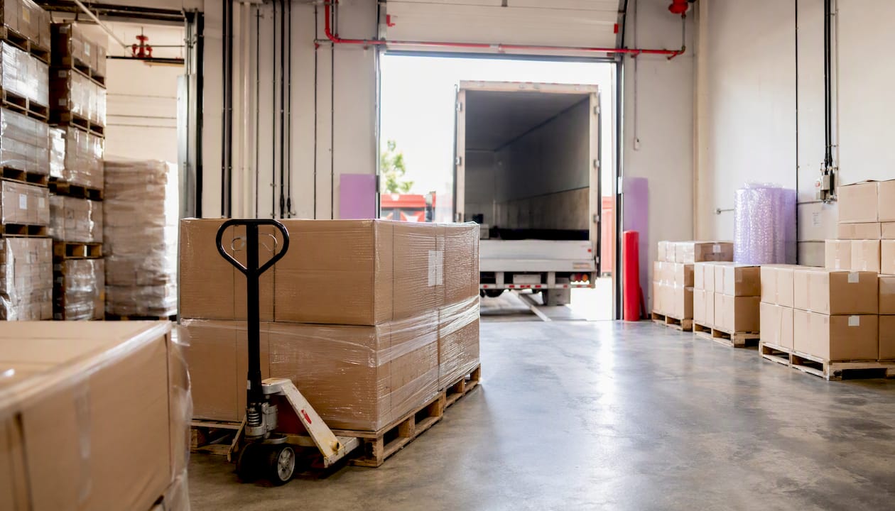 Warehouse pallets with unbranded shipping boxes