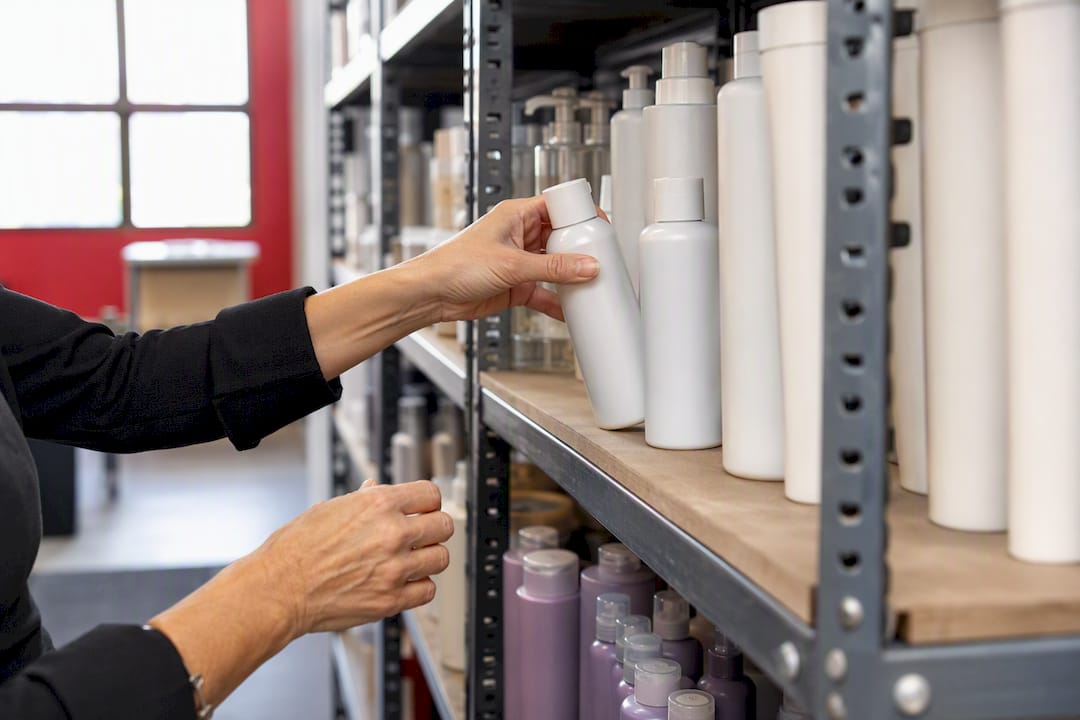 Hand selecting bottle from salon supply shelf