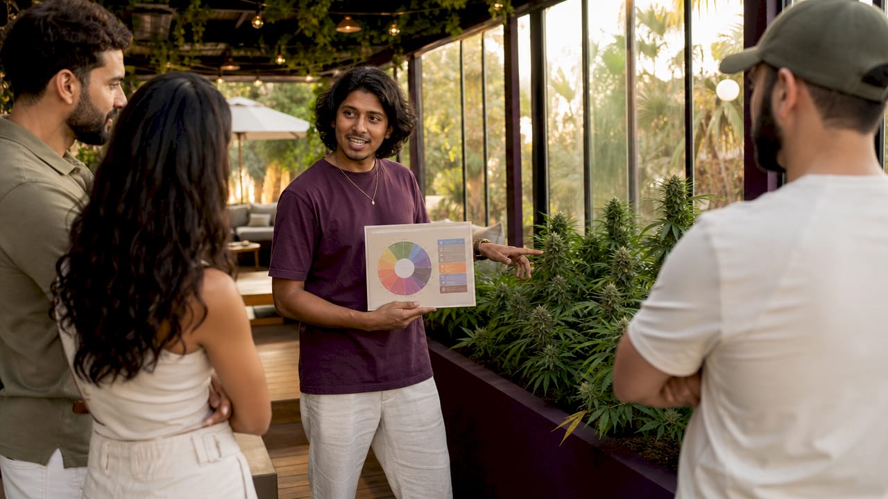 Budtender explaining terpene profiles to customer