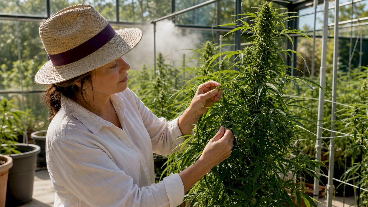 Woman watering sativa cannabis plant indoors