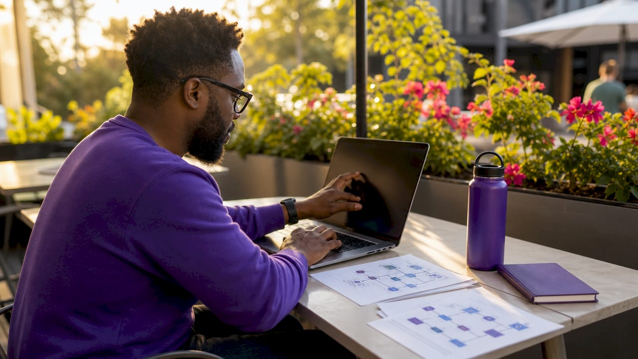 Hands typing on laptop with integration workflow papers