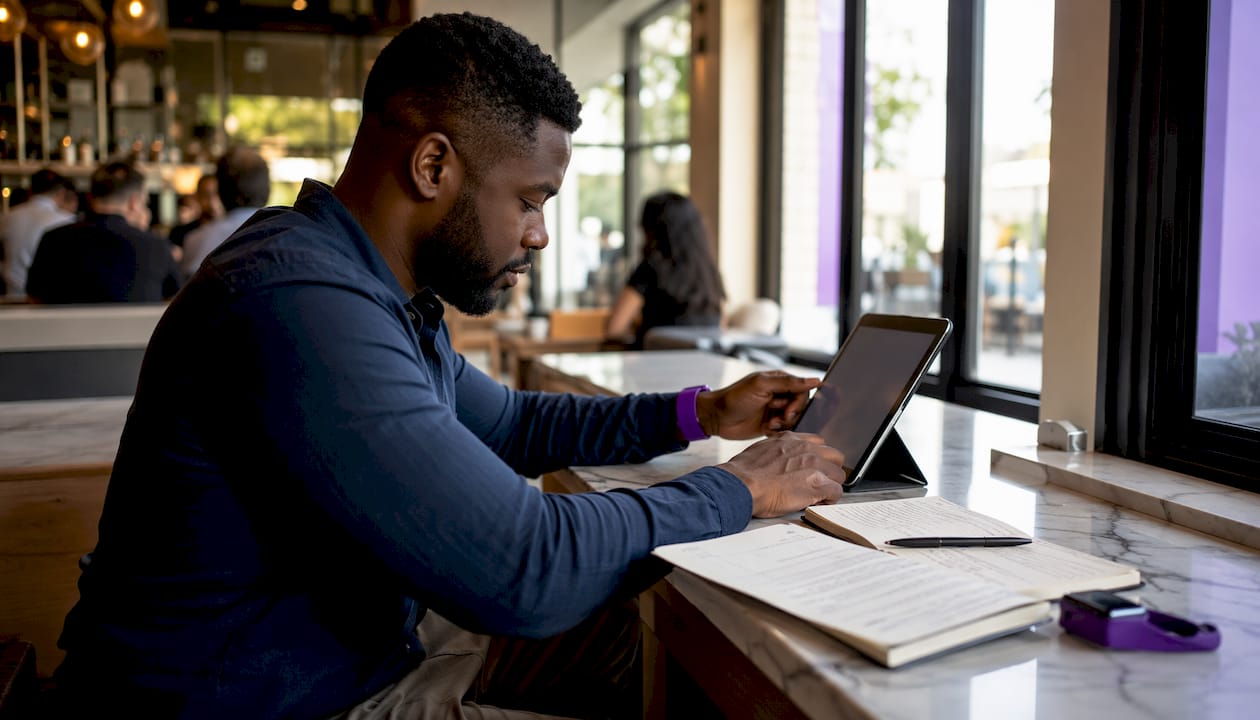 Hands scrolling tablet in coworking space