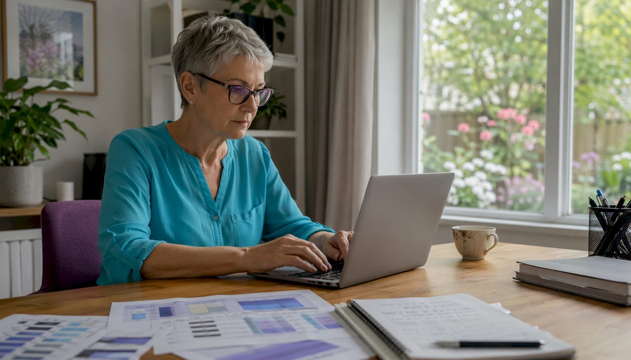 Woman comparing AI prompt prices at office desk