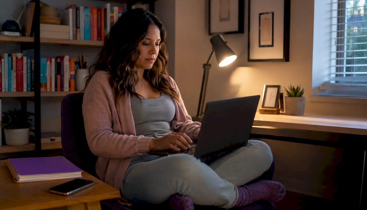 Marketing specialist working on laptop in coworking space