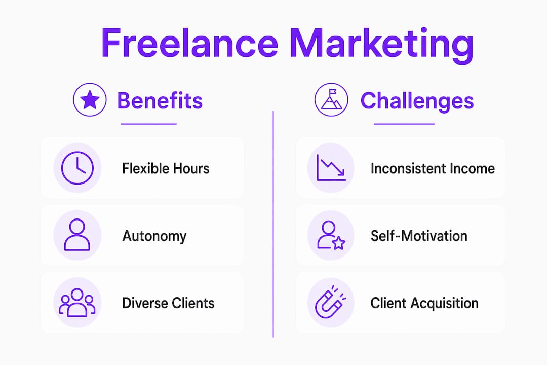 Infographic outlining freelance marketing benefits and challenges
