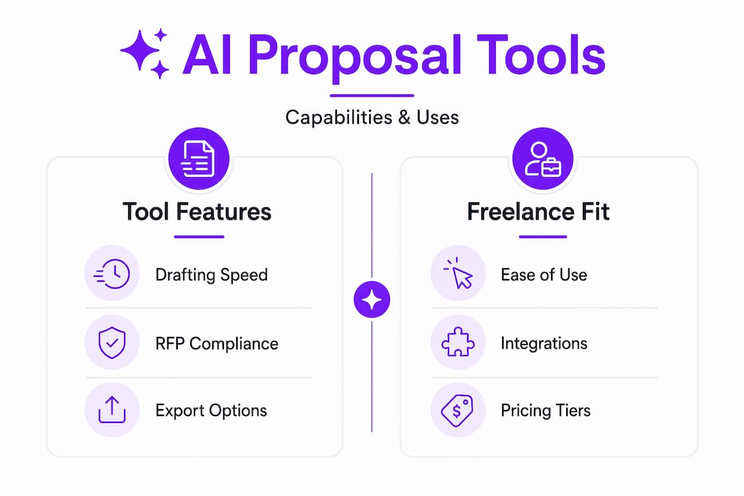 Infographic comparing AI proposal tools by features and freelance fit