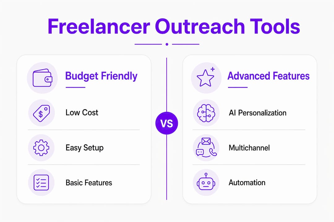 Infographic comparing outreach tool features and budgets for freelancers