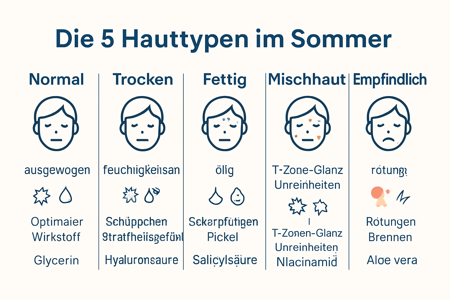 Infografik mit Hauttypen, Sommerproblemen und Empfehlungen