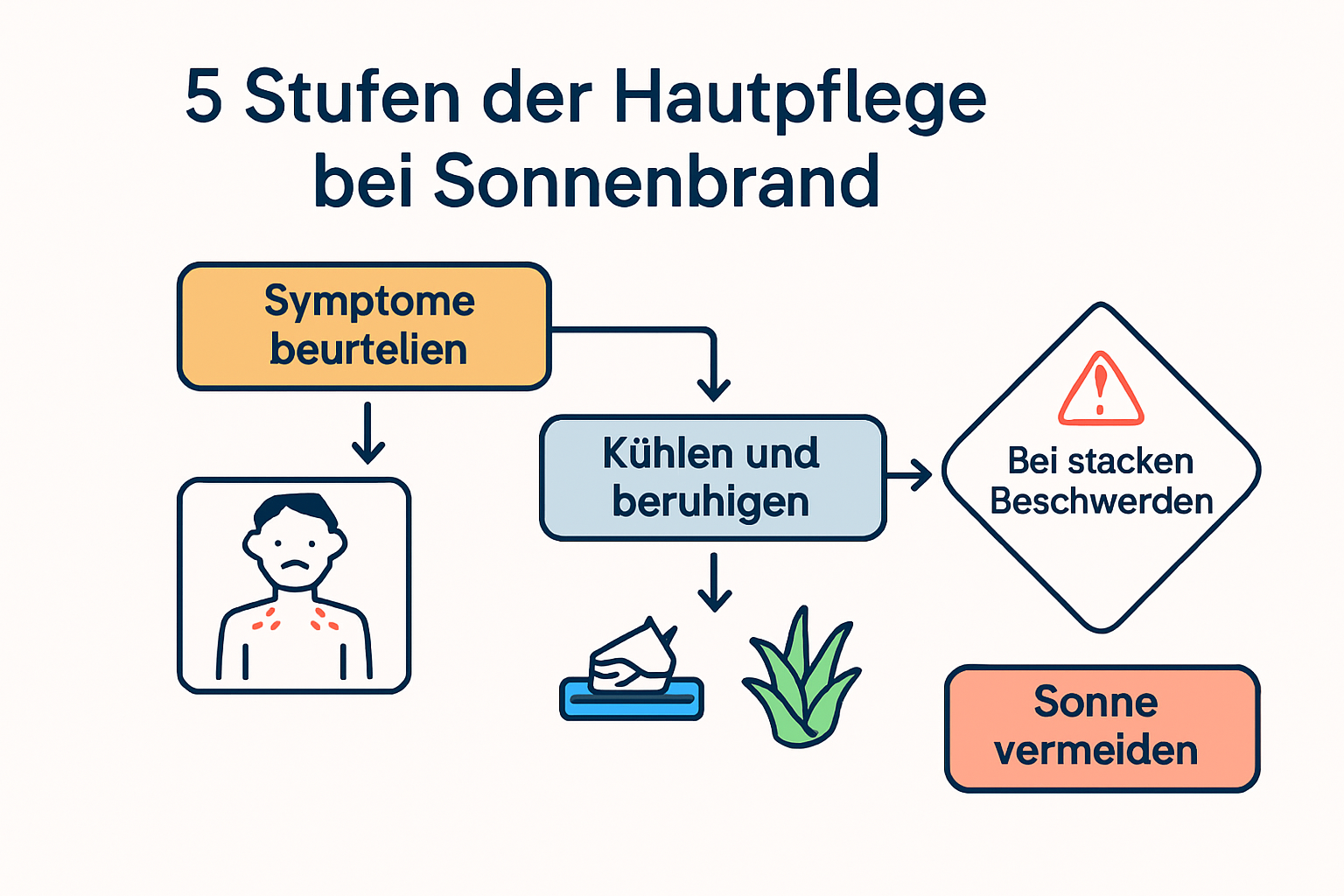Infografik der fünf Schritte zur Pflege bei Sonnenbrand