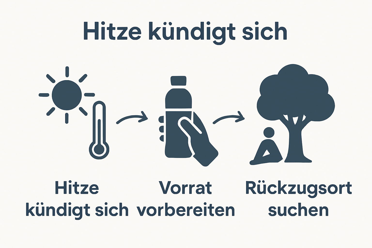 Drei Schritte Infografik: Hitzevorbereitung, Wasser auffüllen, Schatten finden