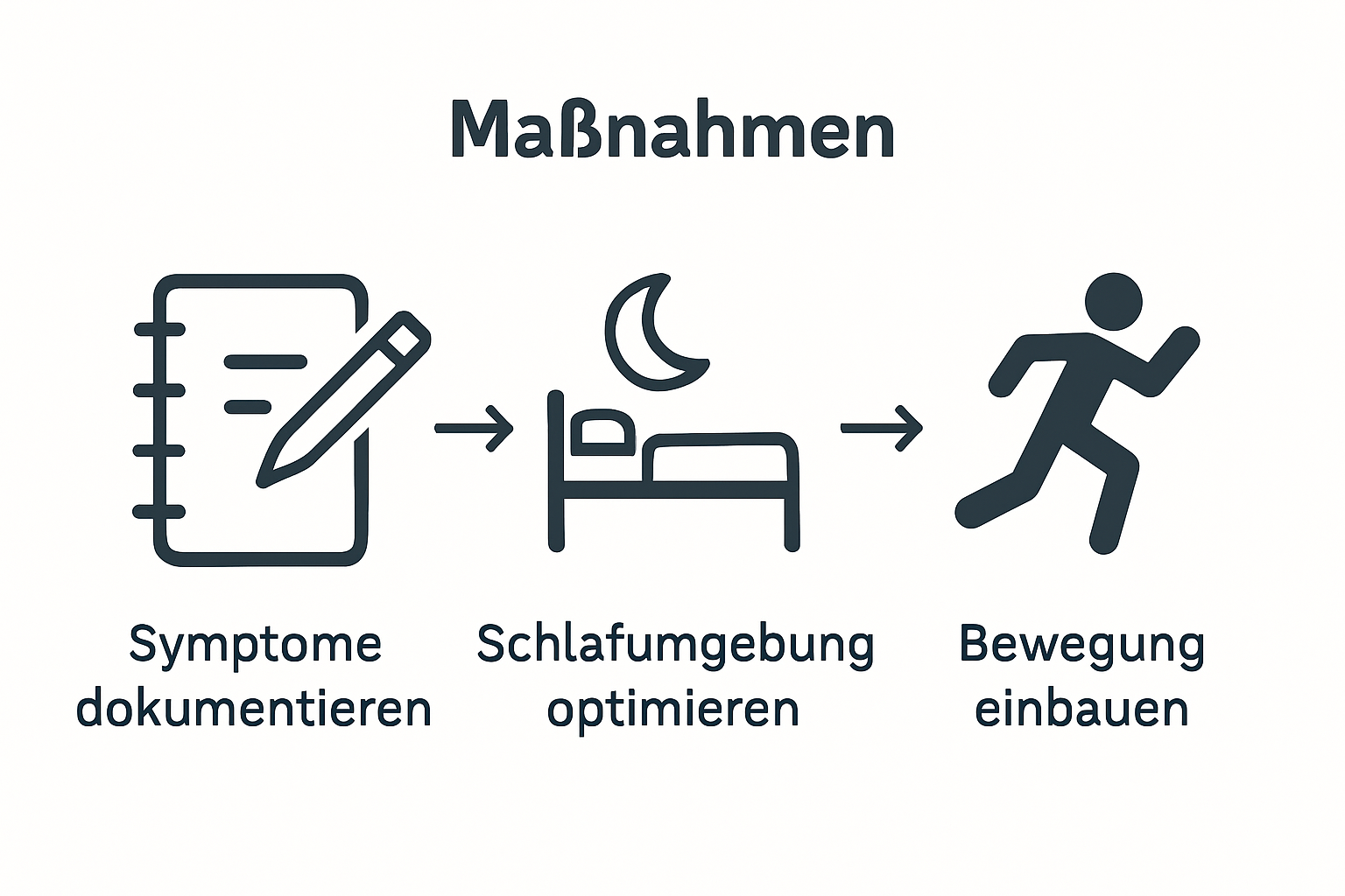 Infografik mit drei Schritten gegen Restless Legs: Symptomtagebuch, Schlafoptimierung, Bewegung
