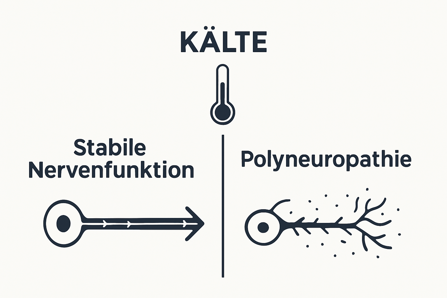 Infographic comparing healthy versus Polyneuropathie nerve with cold application effect visualized
