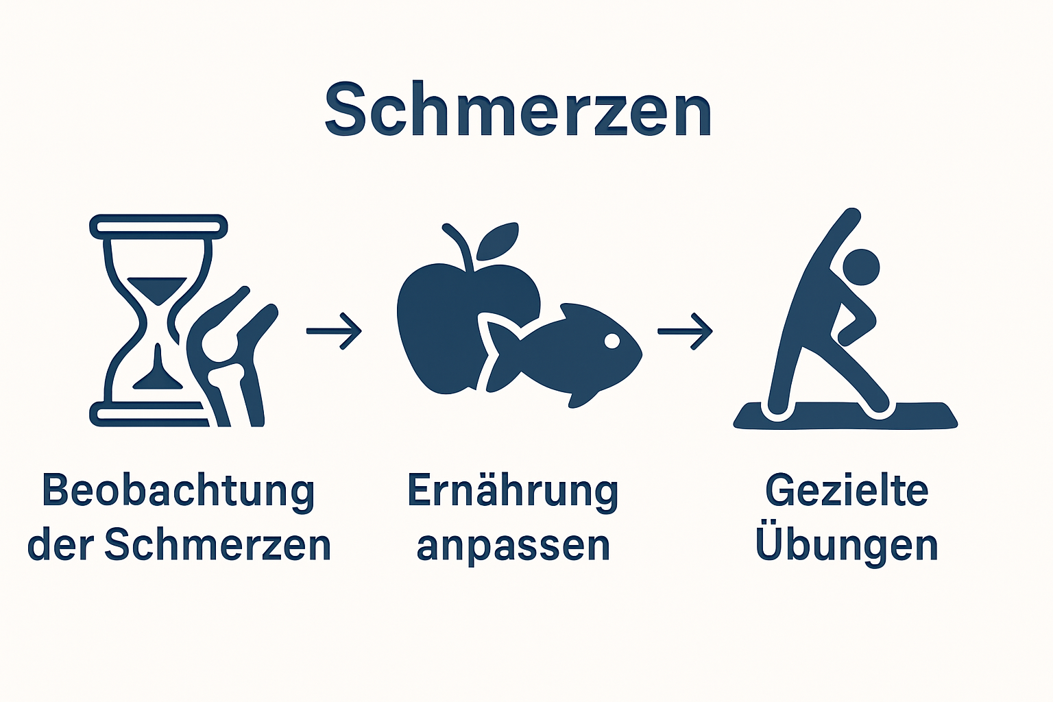 Drei Schritte zur natürlichen Linderung von Gelenkschmerzen: Beobachtung, Ernährung anpassen, gezielte Übungen, mit klaren Symbolen und Pfeilen.