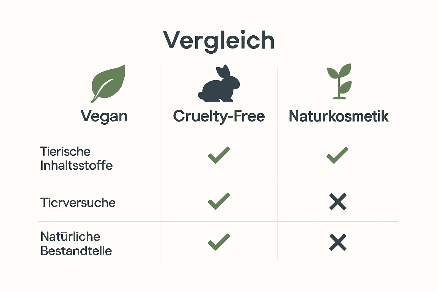 Vergleichsinfografik: vegan, cruelty-free, Naturkosmetik