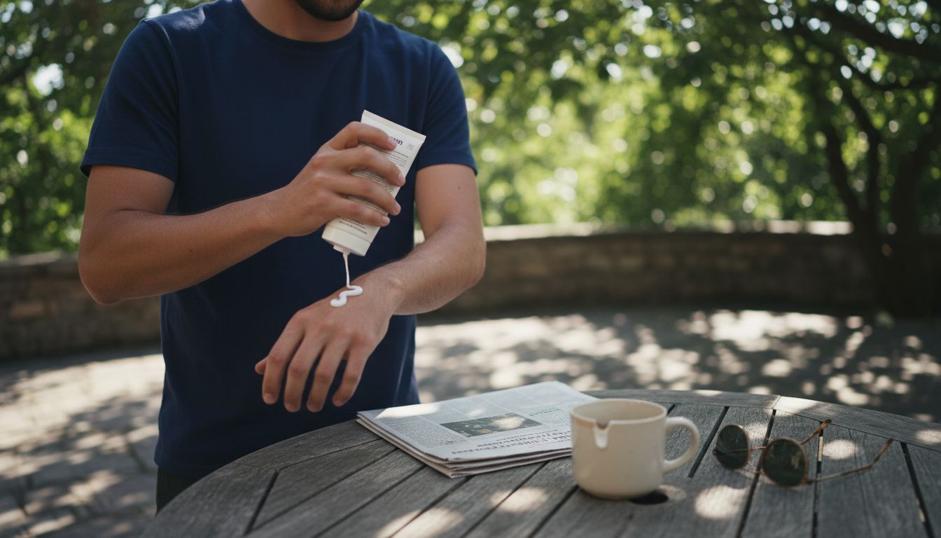 Man measures sunscreen on forearm