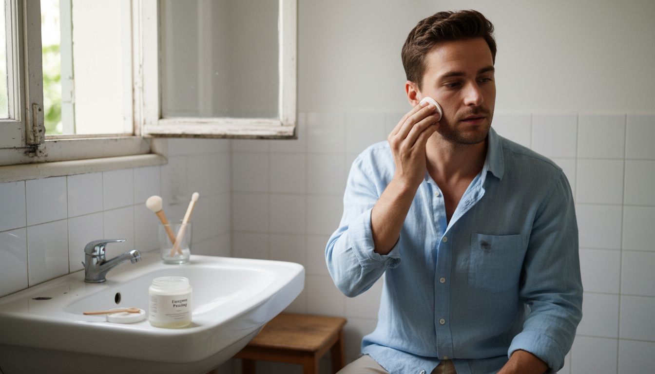 Man uses gentle enzyme peeling at vanity