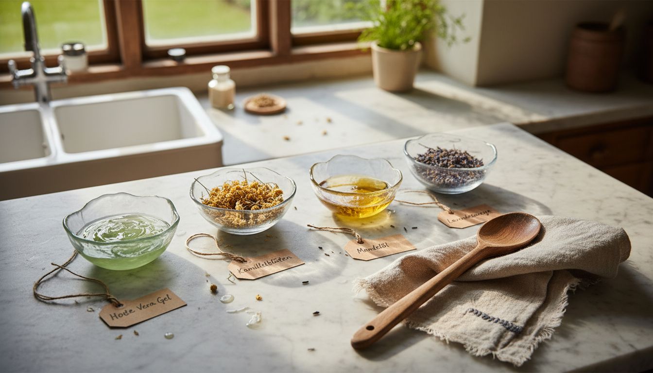 Schön arrangierte Schalen mit natürlichen Zutaten für die Hautpflege