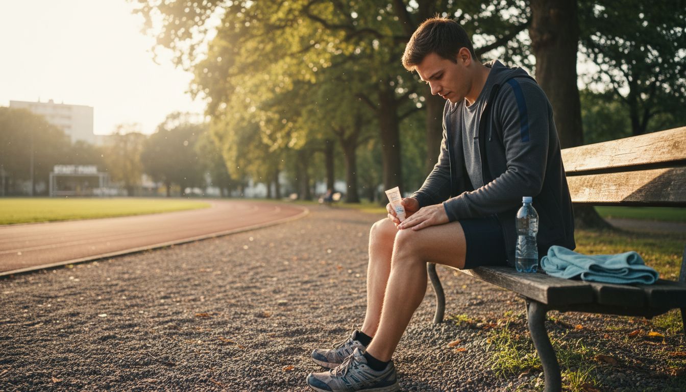 Nach dem Training trägt der Sportler ein Gel auf, um die Regeneration zu unterstützen.