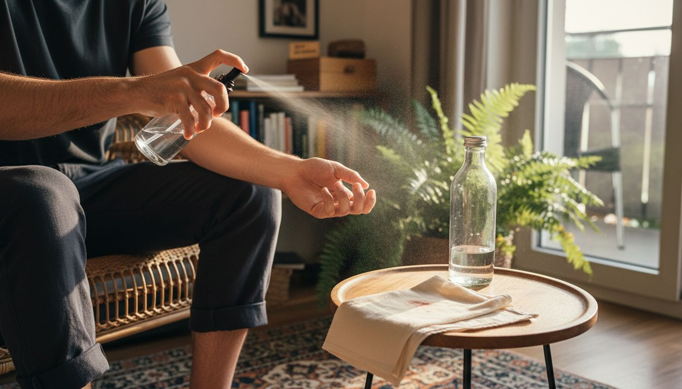 Ein Mann erfrischt sich drinnen mit einem natürlichen Gesichtsspray.