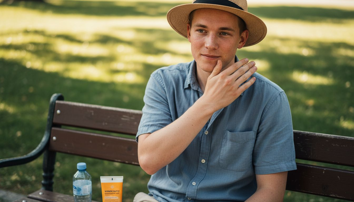 Mann mit sensibler Haut, der sich in der Sonne aufhält