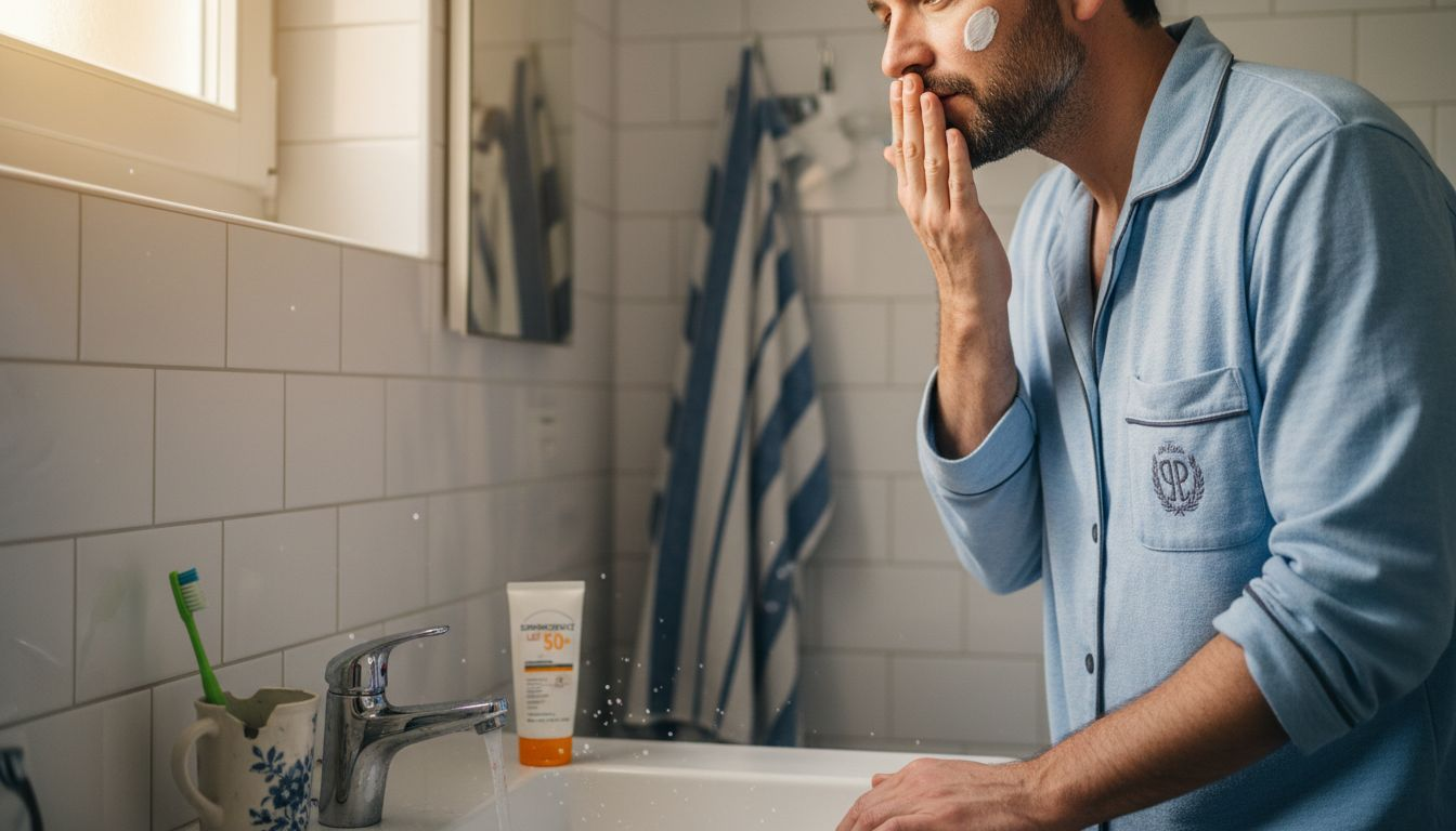 Ein Mann bereitet seine Haut mit einer Gesichtspflege auf den Sonnenschutz vor.