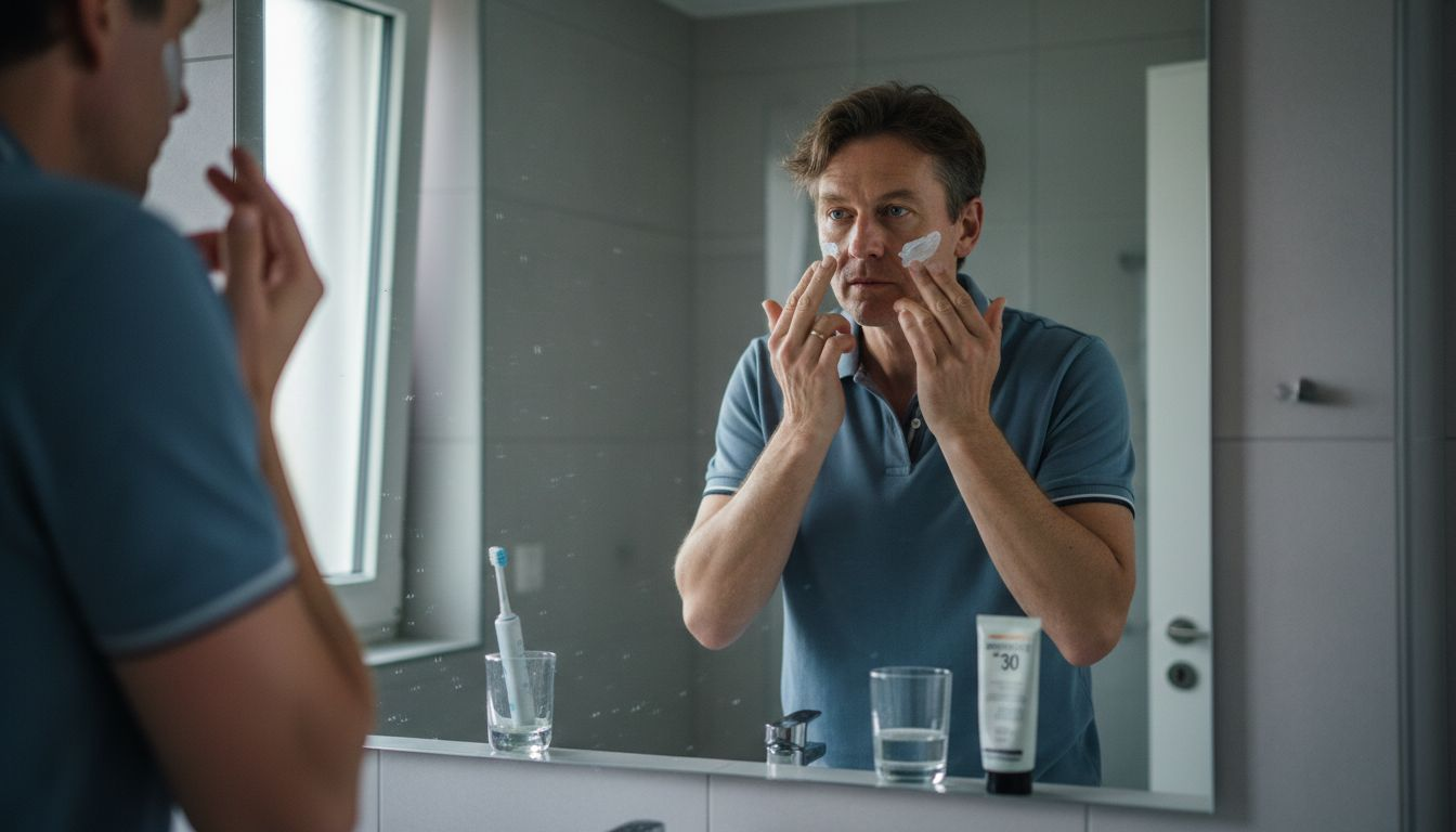 Ein Mann cremt sein Gesicht mit Sonnencreme ein.