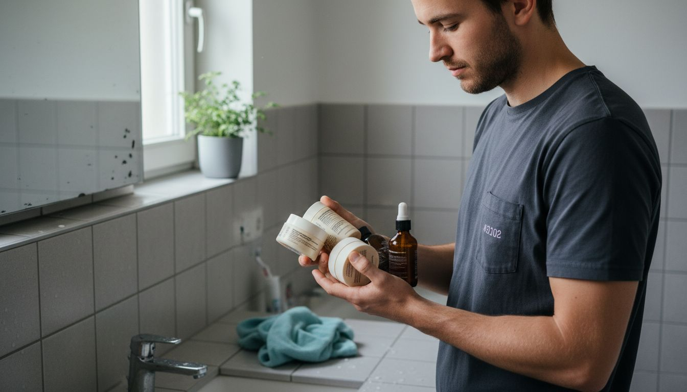 Ein Mann testet Pflegeprodukte auf natürlicher Basis für die Haut.