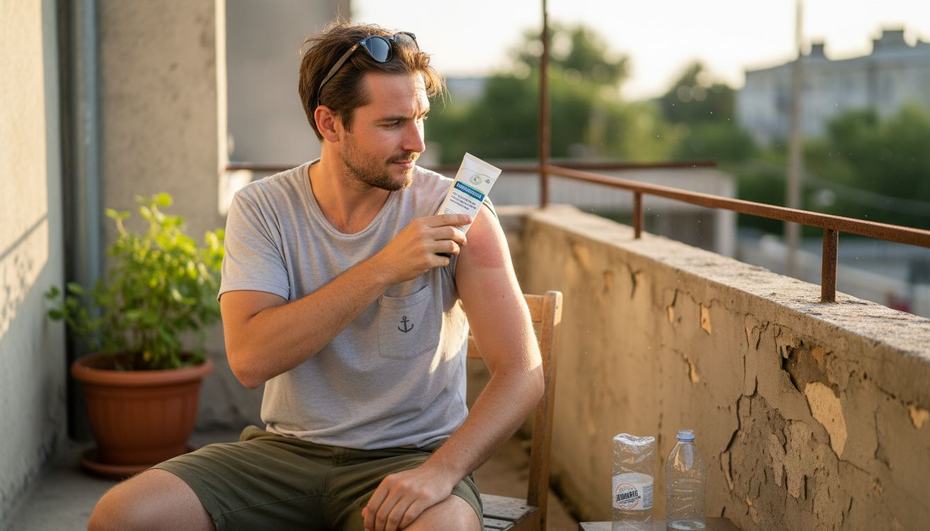 Ein Mann trägt Panthenol auf seine von der Sonne verbrannte Schulter auf, um die Haut zu beruhigen.
