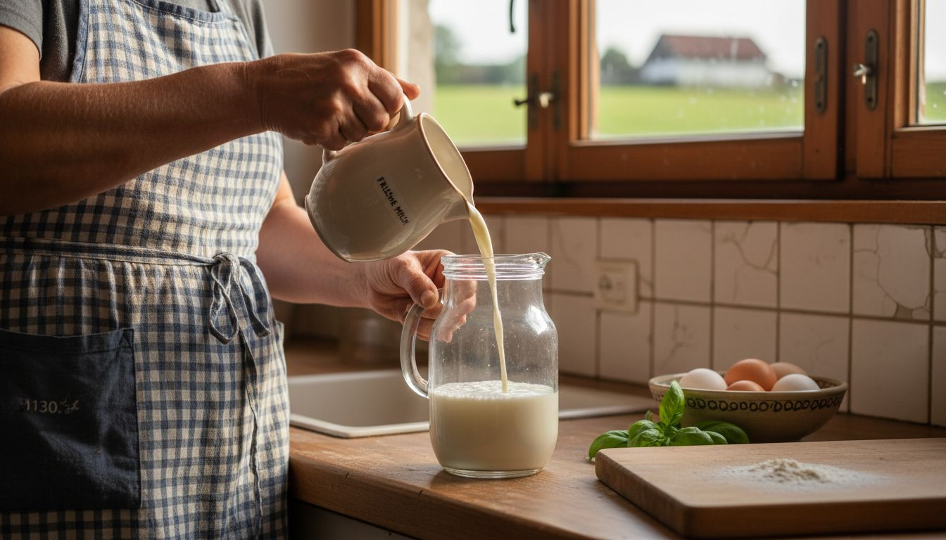 In einer gemütlichen Landhausküche bereitet eine Frau frische Milch zu.