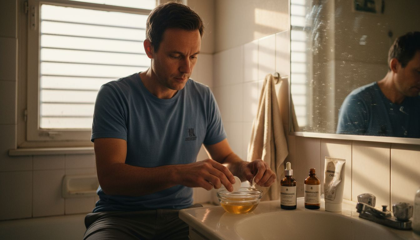 Ein Mann pflegt seine empfindliche Haut mit Sandelholz.