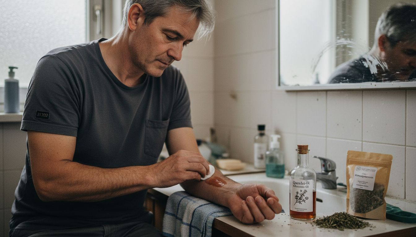 Ein Mann behandelt Hautprobleme mit Quendelöl.