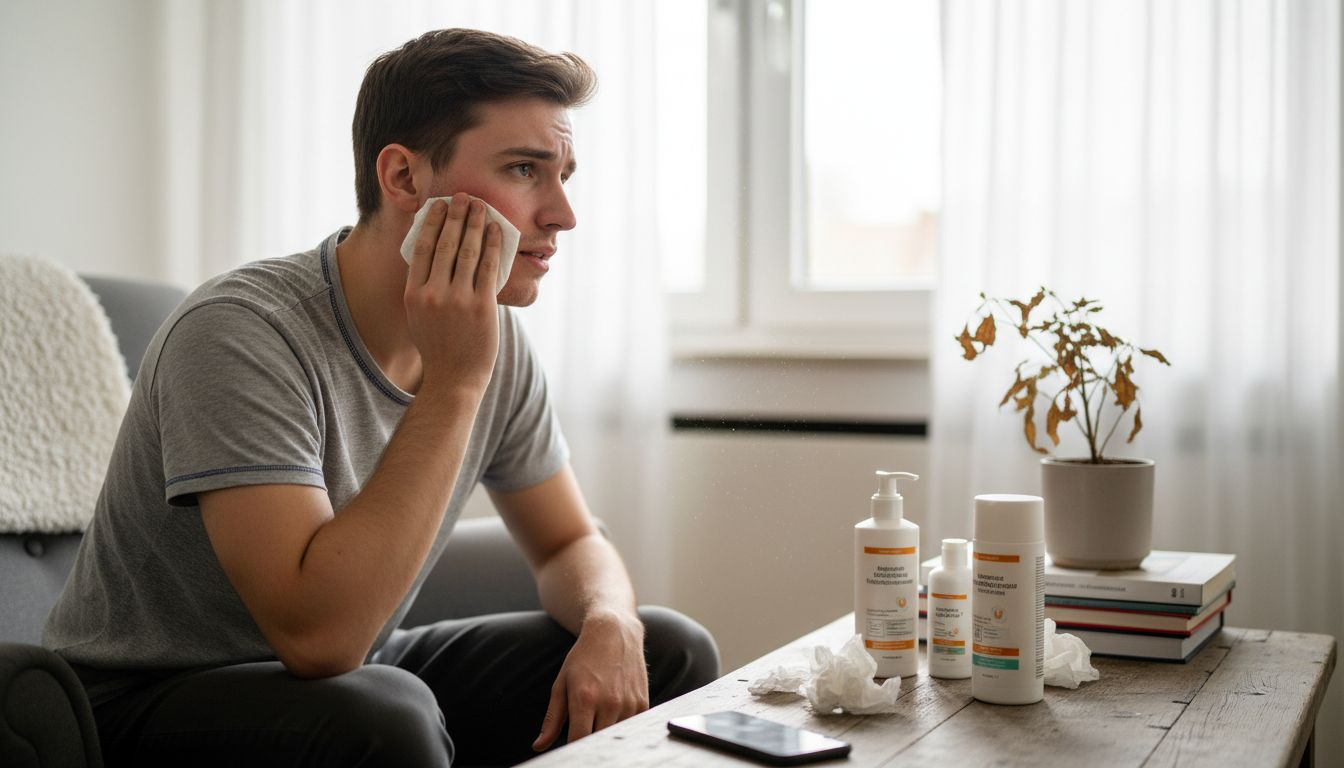 Ein Mann beruhigt seine gereizte Haut in den eigenen vier Wänden.