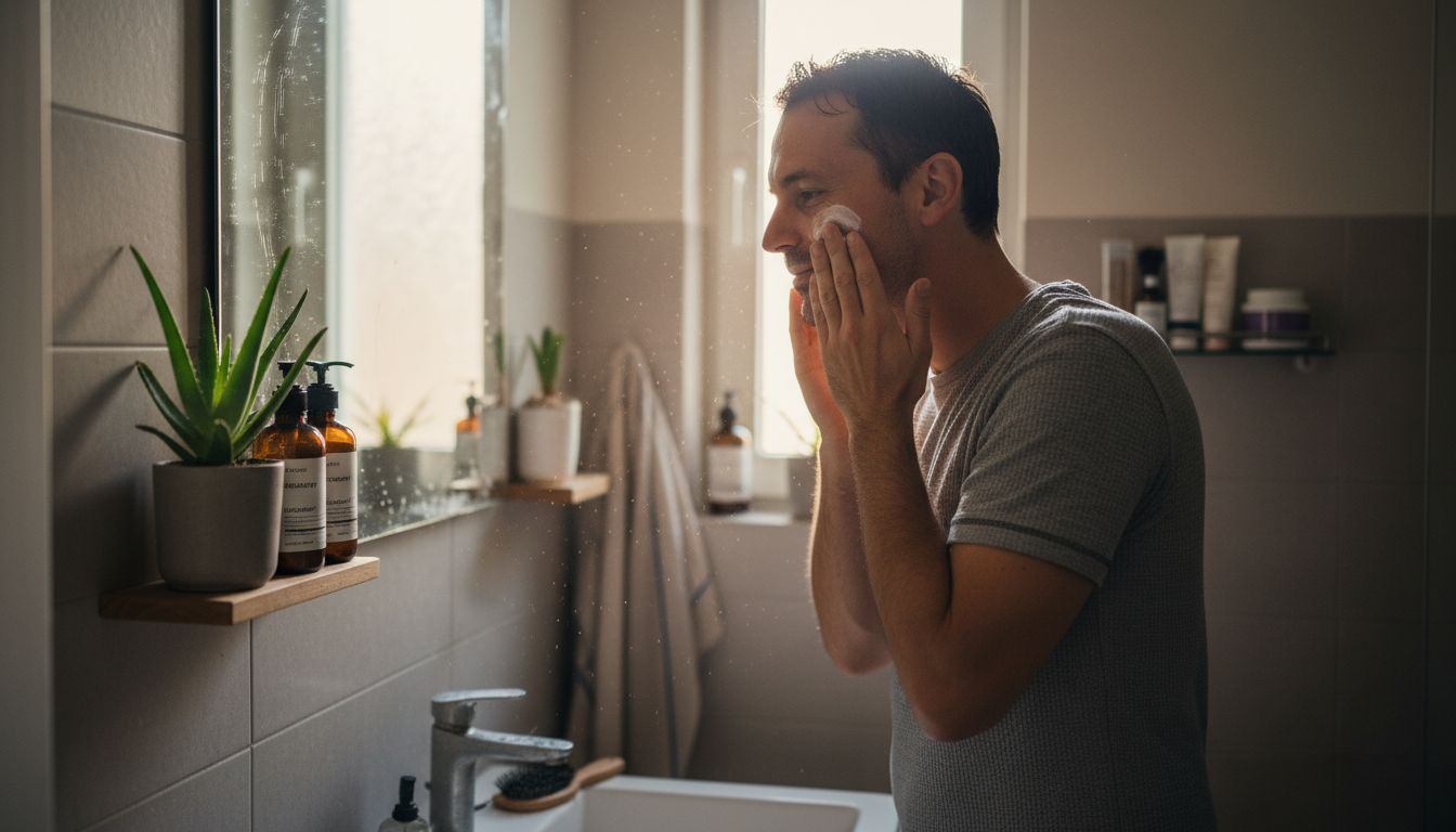 Ein Mann trägt vegane Gesichtspflege in seinem kleinen Badezimmer auf.