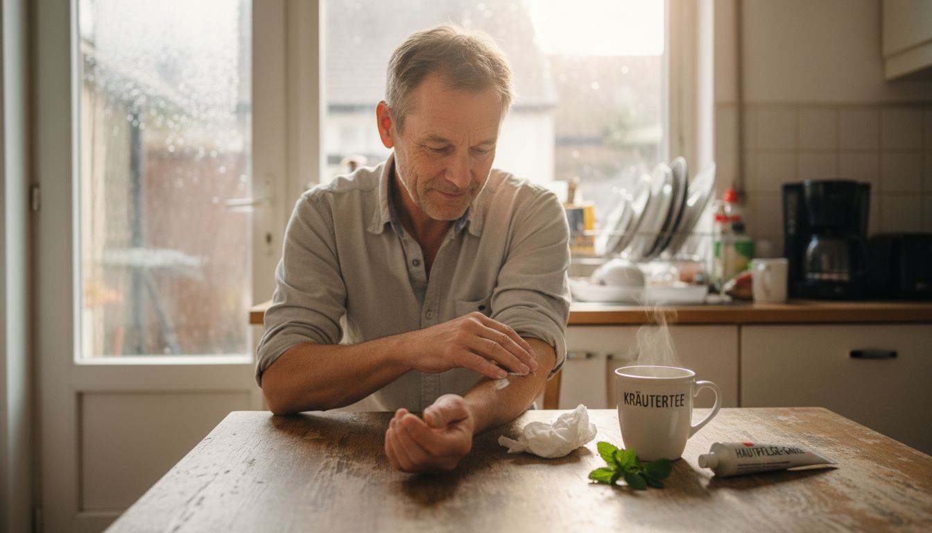 Ein Mann reibt sich in der Küche mit Pfefferminzcreme die Hände ein.