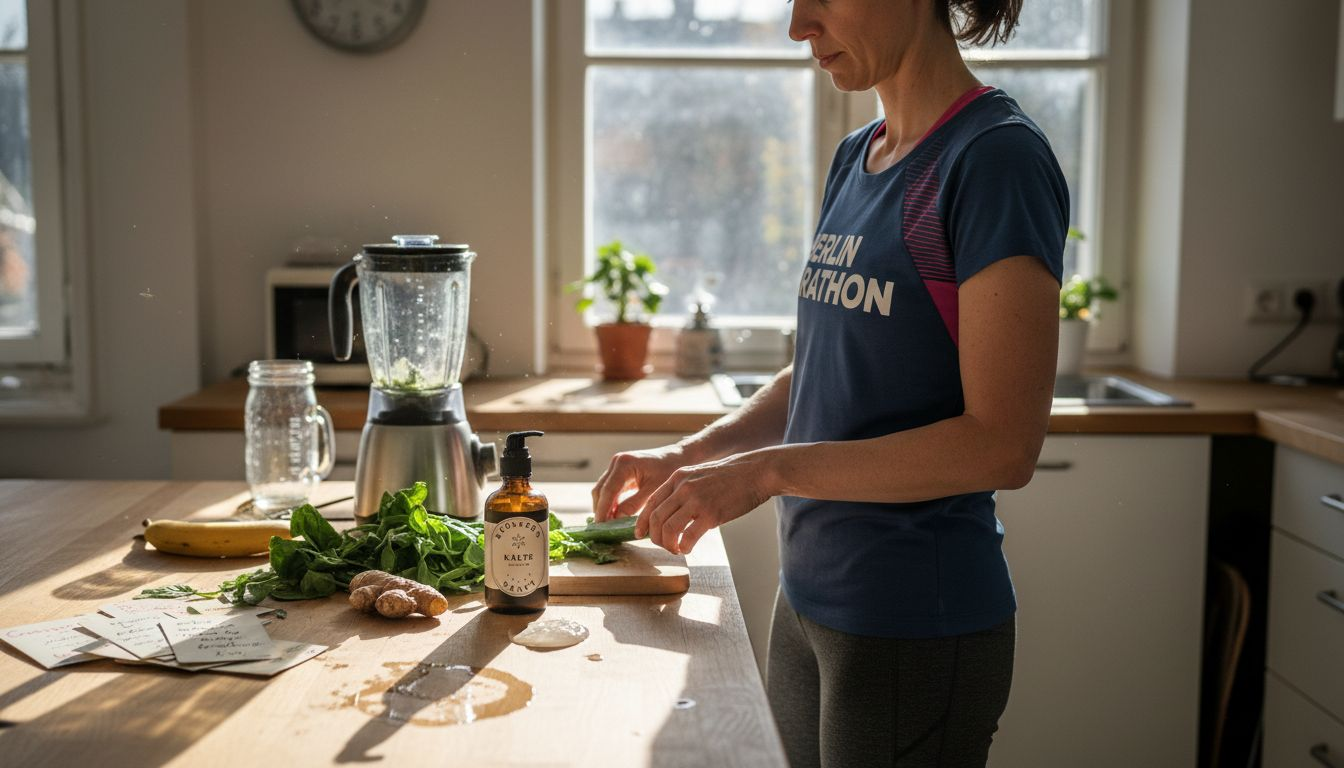 Nach dem Training mixt die Sportlerin einen frischen Smoothie, um ihre Regeneration zu unterstützen.