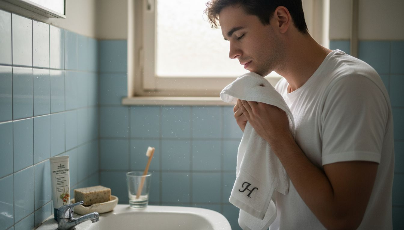 Ein Mann trocknet sich das Gesicht am Waschbecken in seiner kleinen Wohnung ab.
