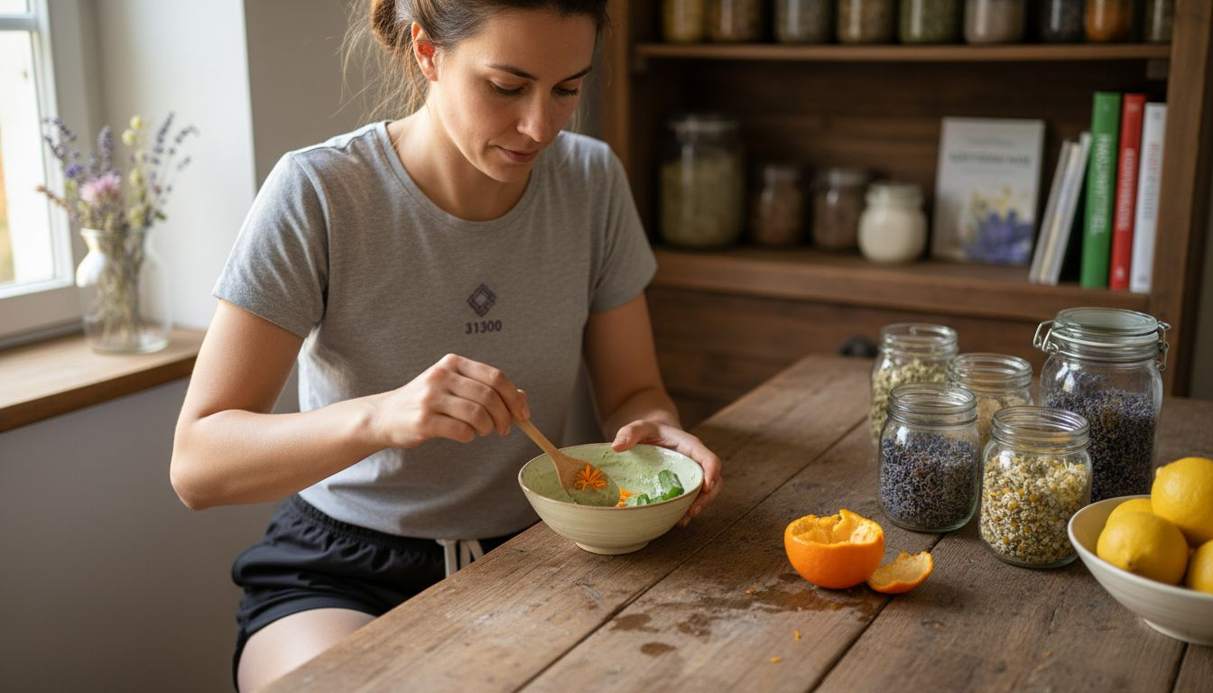 In der hellen Küche bereite ich eine Gesichtsmaske aus Kräutern zu.