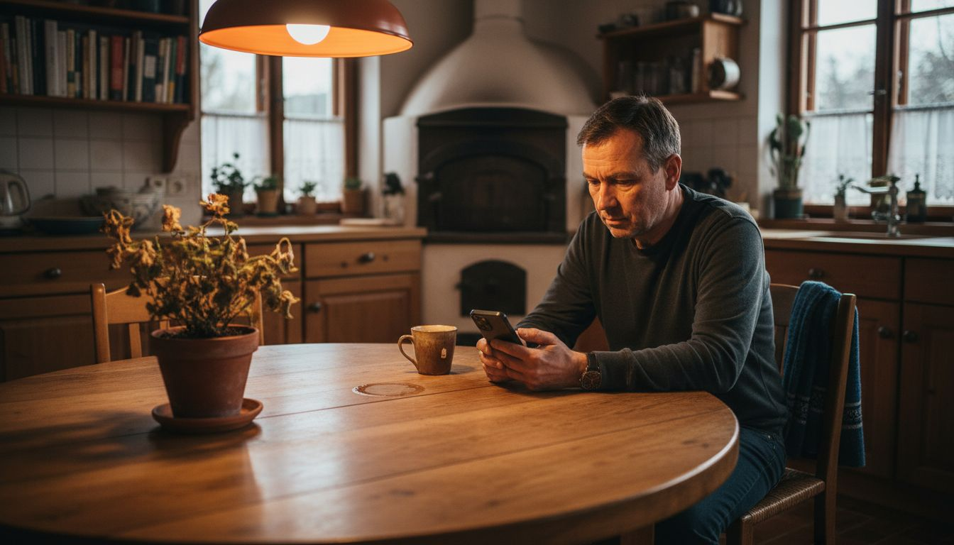 Ein Mann mit auffälliger Haut sitzt in der Küche und genießt eine Tasse Tee.