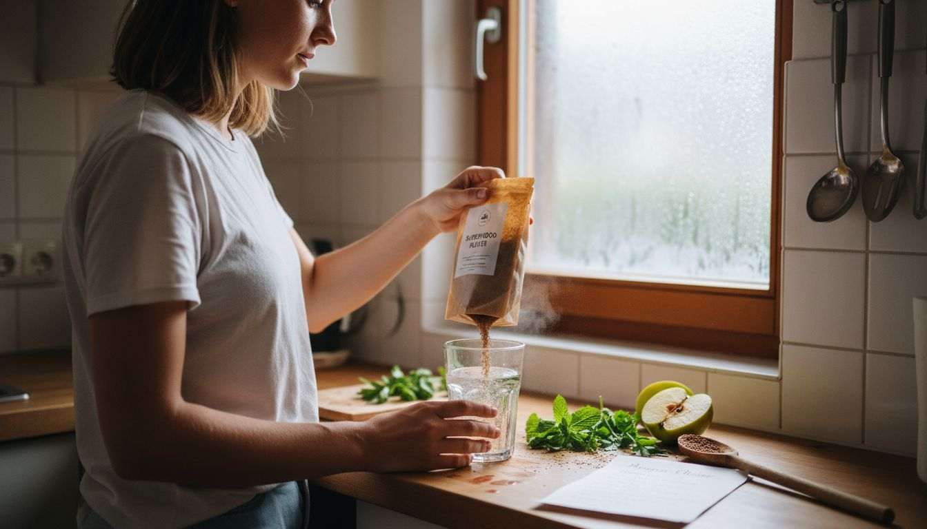 Eine Frau mischt in ihrer Küche Nahrungsergänzungsmittel zusammen.