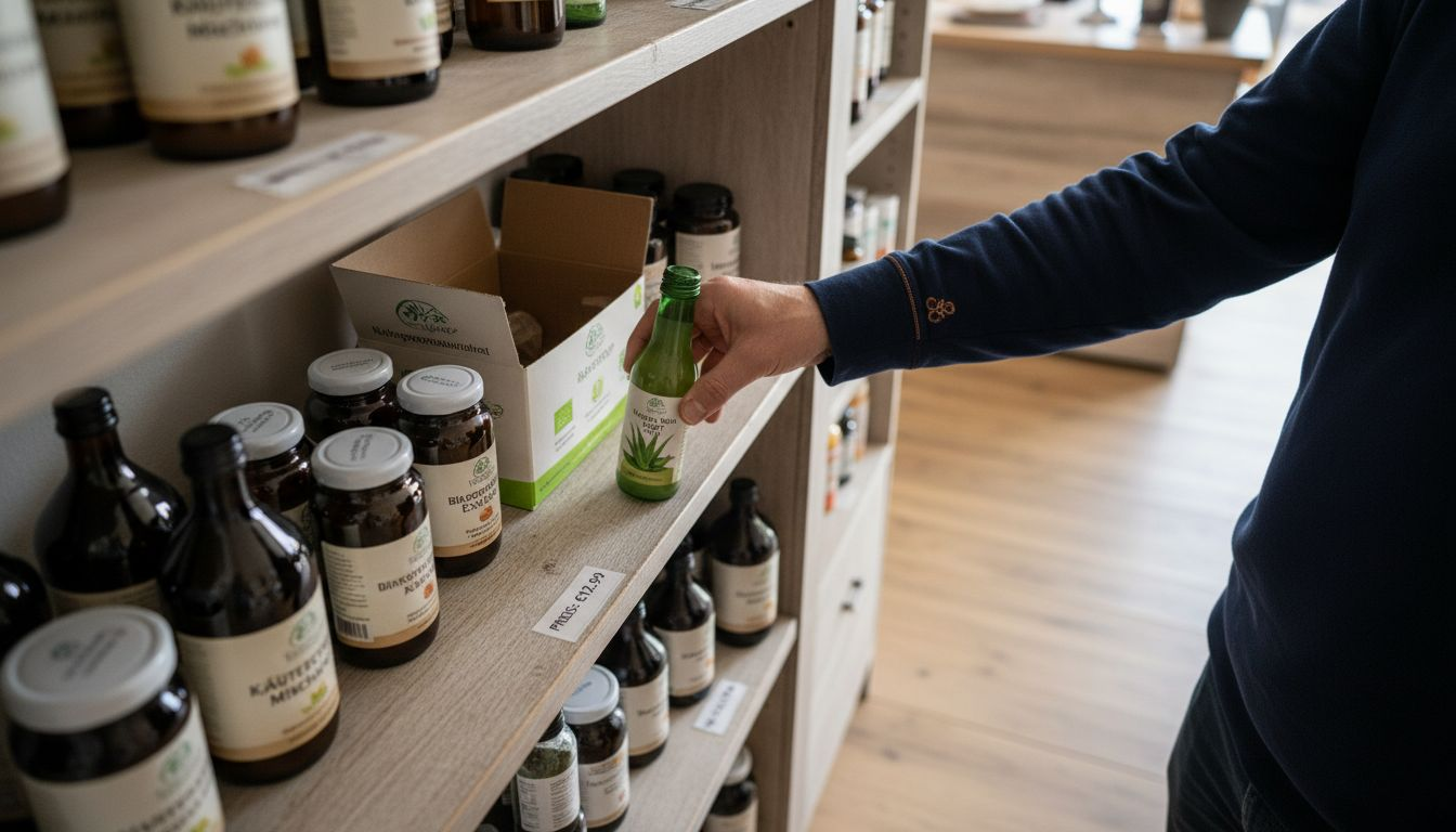 Eine Kundin steht vor dem Regal und sucht sich ein Aloe-Vera-Produkt aus.